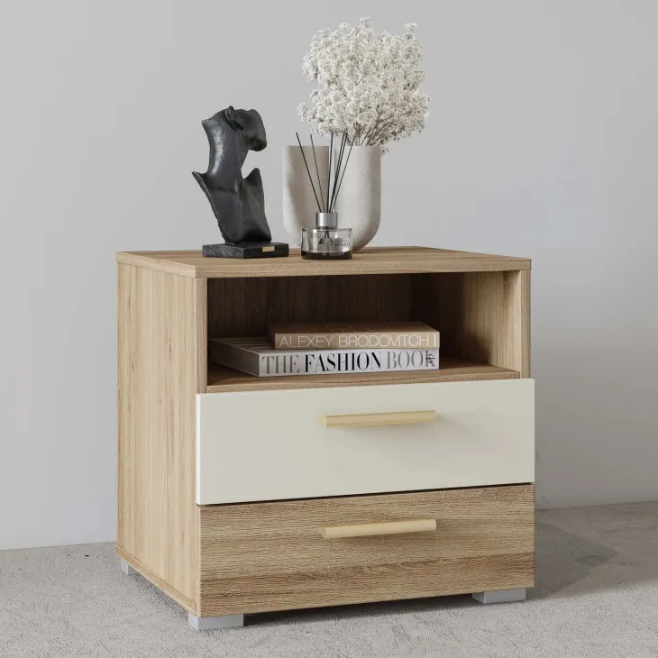 Comodino 46x45h cm 2 cassetti 1 vano a giorno rovere beige Ama