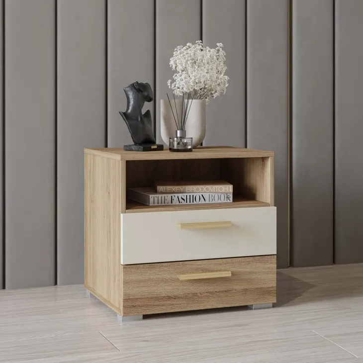 Comodino 46x45h cm 2 cassetti 1 vano a giorno rovere beige Ama