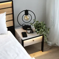 Comodino 40x40h cm 1 cassetto con LED grigio nero Luna
