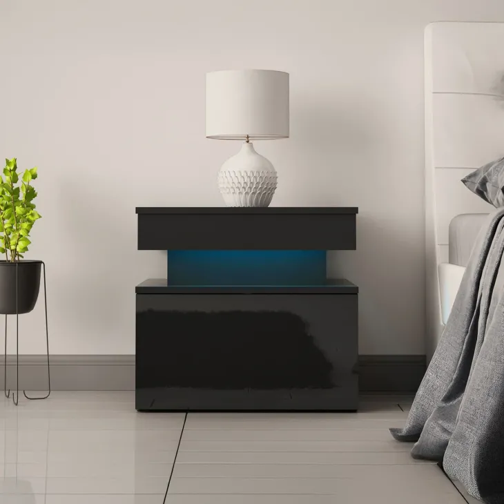 Comodino 55x51h cm 1 cassetto con LED nero Lumus