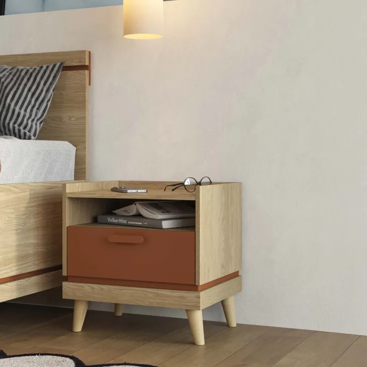 Comodino 50x51h cm 1 cassetto 1 ripiano rovere rosso mattone Yu