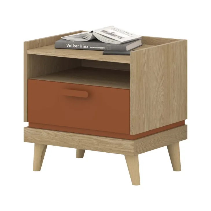 Comodino 50x51h cm 1 cassetto 1 ripiano rovere rosso mattone Yu