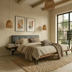 Comodino 33x15h cm sospeso ad incastro legno massello metallo rovere nero Cortelia