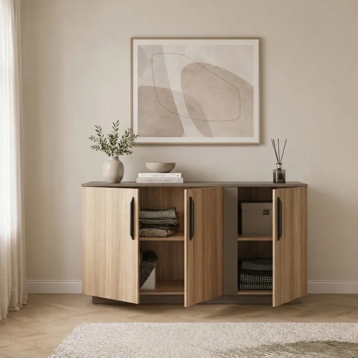 Comò 138x80h cm 3 ante moderno rovere tortora Amelia