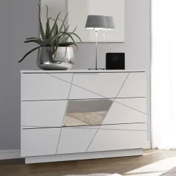 Comò 104x85h cm moderno bianco opaco frassinato con serigrafia e specchio Olimpo