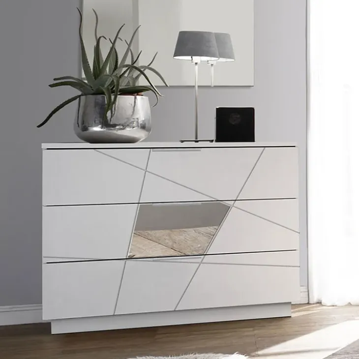 Comò 104x85h cm moderno bianco opaco frassinato con serigrafia e specchio Olimpo