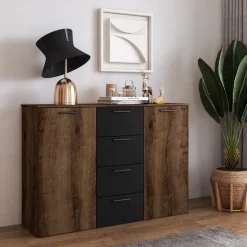 Comò 132x93h cm moderno rovere scuro nero Lisbona Gihome®