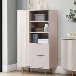 Credenza alta 80x140h cm 1 anta 2 cassetti cannettato moderna beige Vanessa