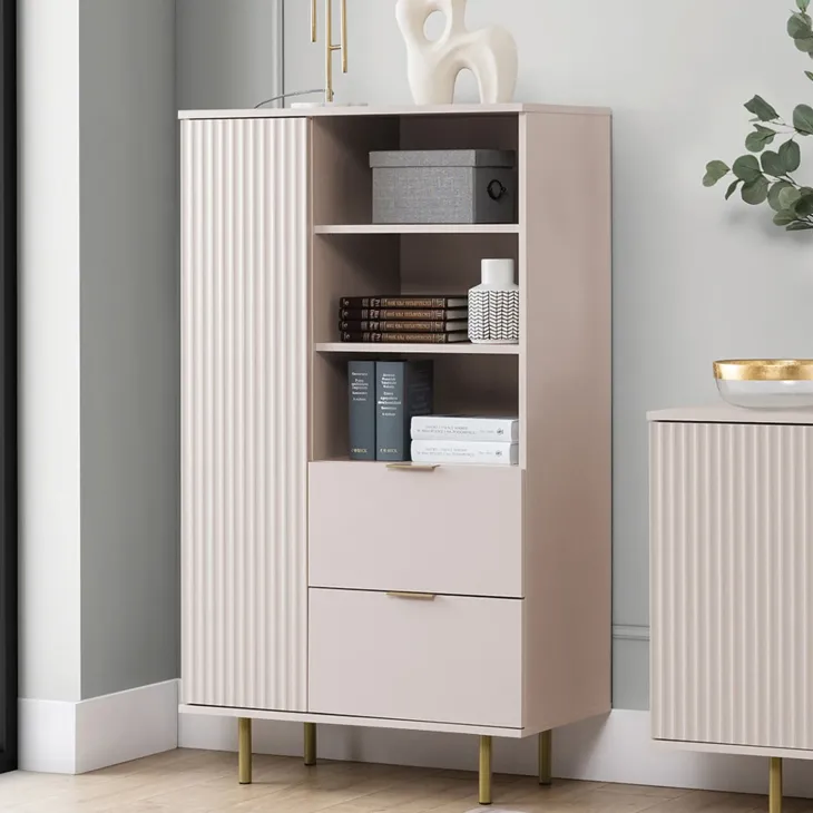 Credenza alta 80x140h cm 1 anta 2 cassetti cannettato moderna beige Vanessa
