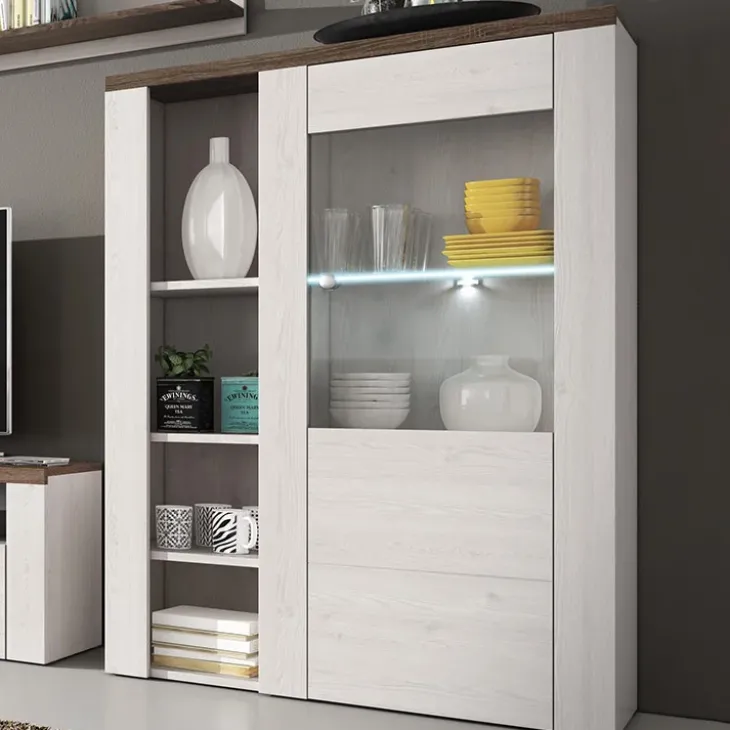 Credenza alta 100x145h cm 1 anta con vetrina bianco frassinato rovere Paloma 2