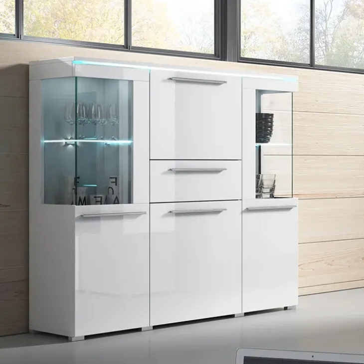 Credenza alta 130x128h cm 4 ante 1 cassetto bianco lucido Frisk