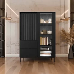 Credenza alta 104x146h cm 2 ante 2 cassetti design cannettato nero Strike
