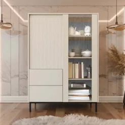 Credenza alta 104x146h cm 2 ante 2 cassetti design cannettato beige cashmere Strike