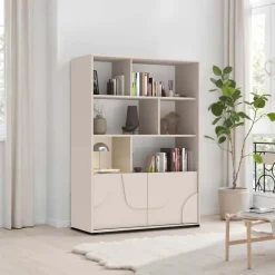 Credenza alta 105x141h cm 2 ante con vani a vista design in rilievo beige cashmere Sonia