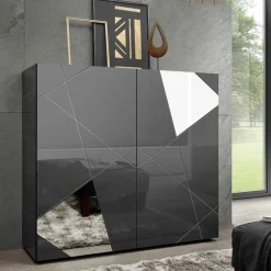 Credenza alta 120x109h cm 2 ante grigio lucido specchio con serigrafia Olimpo