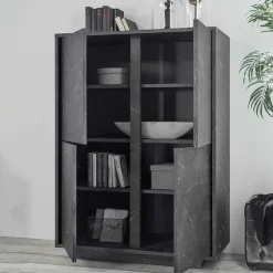 Credenza alta 92x145h cm 4 ante moderna effetto marmo nero Viking