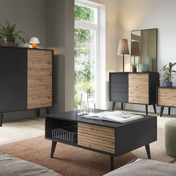 Credenza alta 104x125h cm 2 ante moderna rovere cannettato nero Tonk