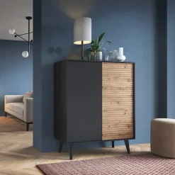 Credenza alta 104x125h cm 2 ante moderna rovere cannettato nero Tonk
