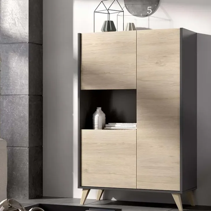 Credenza alta 81x135h cm 3 ante moderna rovere grafite Elmer