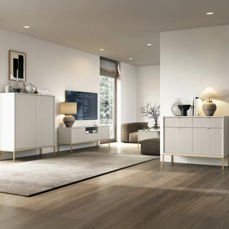 Credenza alta 104x125h cm 2 ante soggiorno beige cannettato oro Alisa