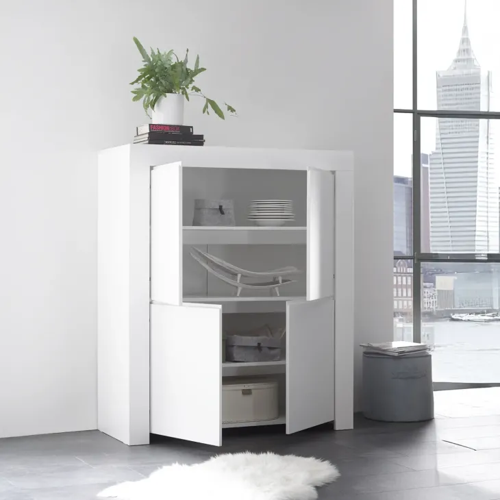 Credenza alta 110x140h cm 4 ante soggiorno moderna bianco opaco Bruma