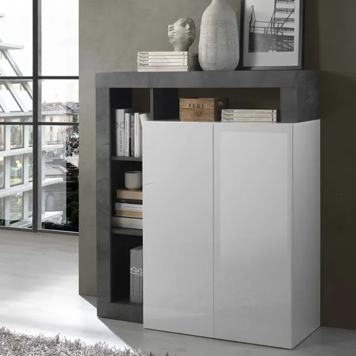 Credenza alta 108x126h cm 2 ante soggiorno bianco lucido ossido Invictus