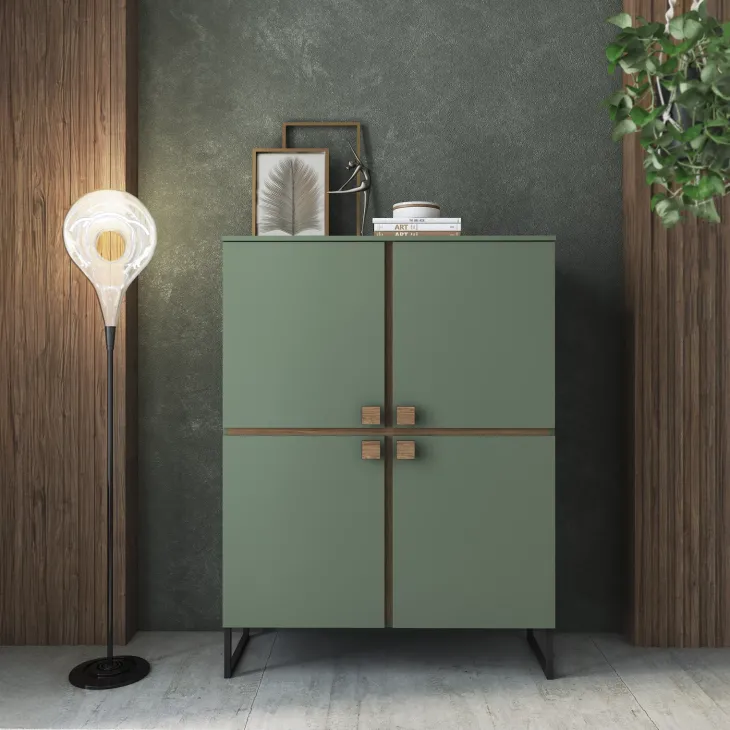 Credenza alta 108x144h cm 4 ante verde salvia scuro rovere Selvia