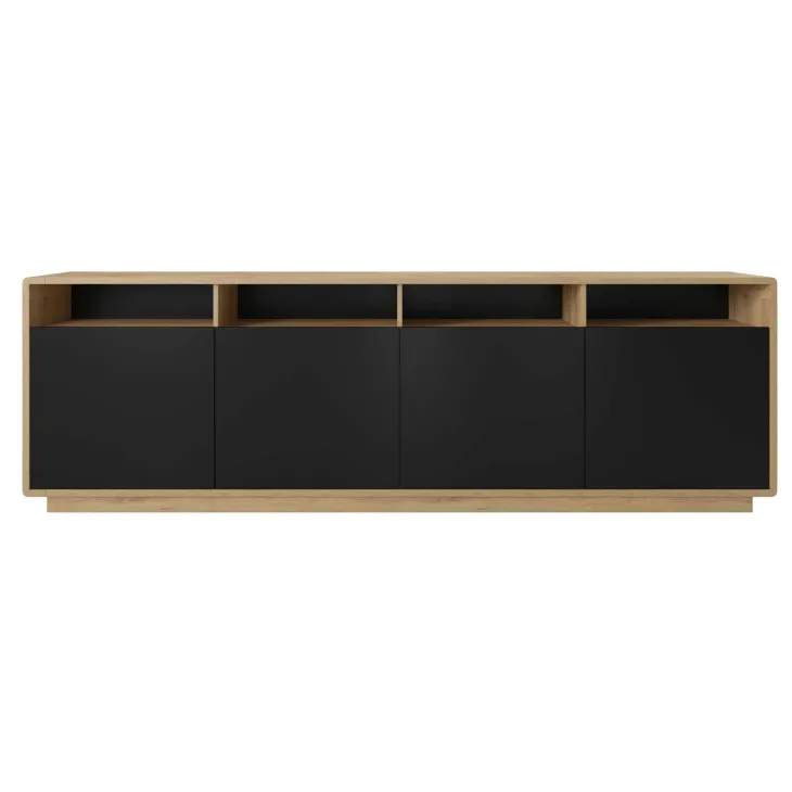 Credenza moderna 238x75h cm 4 ante 4 vani a giorno nero opaco rovere Esmond