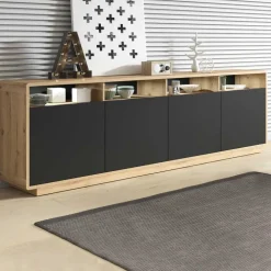 Credenza moderna 238x75h cm 4 ante 4 vani a giorno nero opaco rovere Esmond