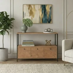 Credenza moderna 122x80h cm 2 ripiani 3 cassetti industrial metallo rovere rustico Loft