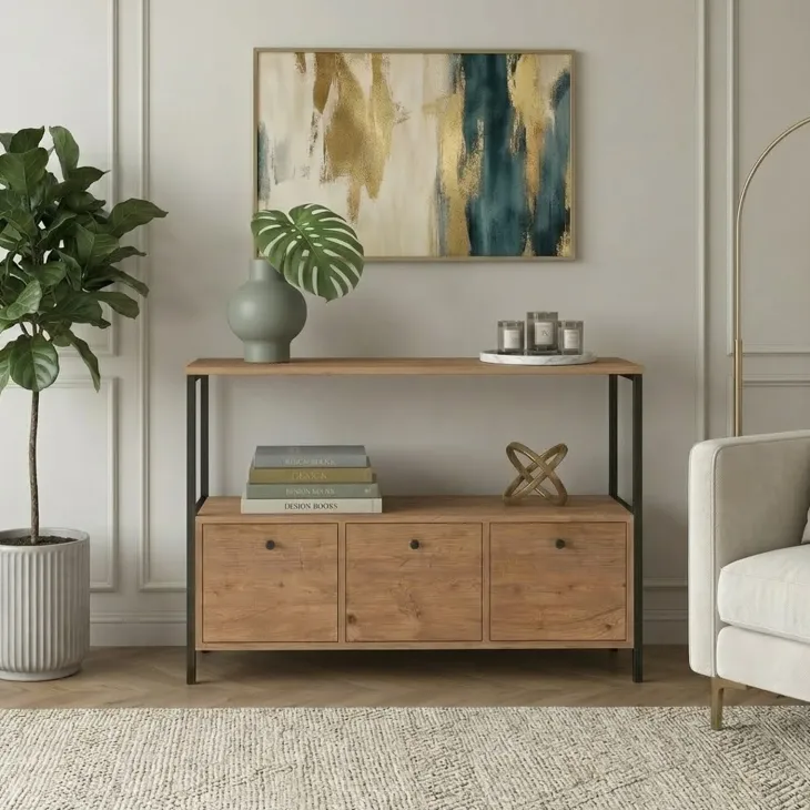 Credenza moderna 122x80h cm 2 ripiani 3 cassetti industrial metallo rovere rustico Loft