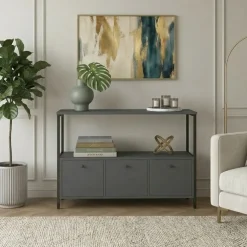 Credenza moderna 122x80h cm 2 ripiani 3 cassetti industrial metallo antracite Loft