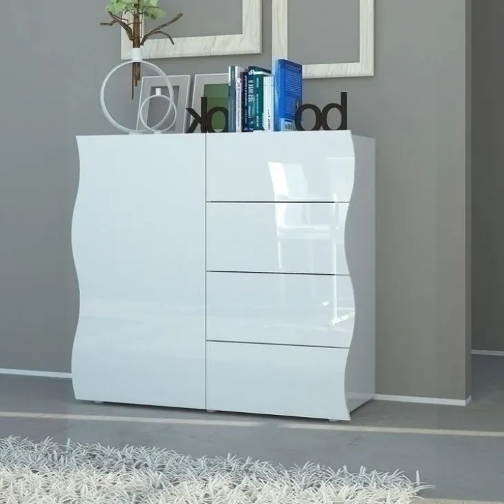 Credenza 90x81h cm 1 anta 4 cassetti soggiorno bianco lucido Sea Gihome®