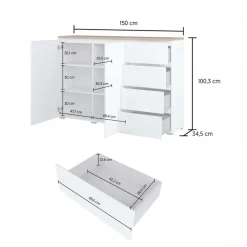 Credenza 150x100h cm 2 ante 4 cassetti bianco rovere Ischia