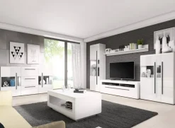 Credenza 180x103h cm 2 ante 3 cassetti con vetrinetta moderna bianco opaco e lucido Maiorca
