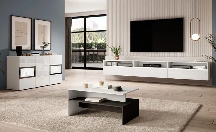 Credenza 132x70h cm 2 ante 3 cassetti moderna bianco lucido nero Emotion Gihome®