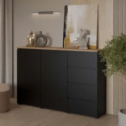 Credenza 150x100h cm 2 ante 4 cassetti nero rovere Ischia
