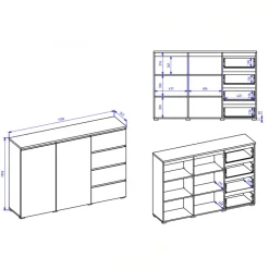 Credenza 150x100h cm 2 ante 4 cassetti nero rovere Ischia