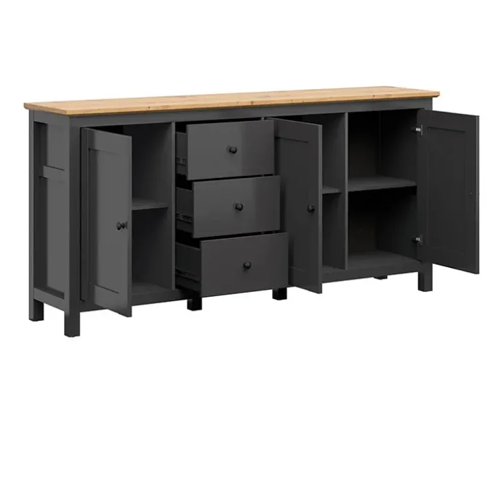 Credenza 199x96h cm 3 ante 3 cassetti nero grafite rovere chiaro Holga