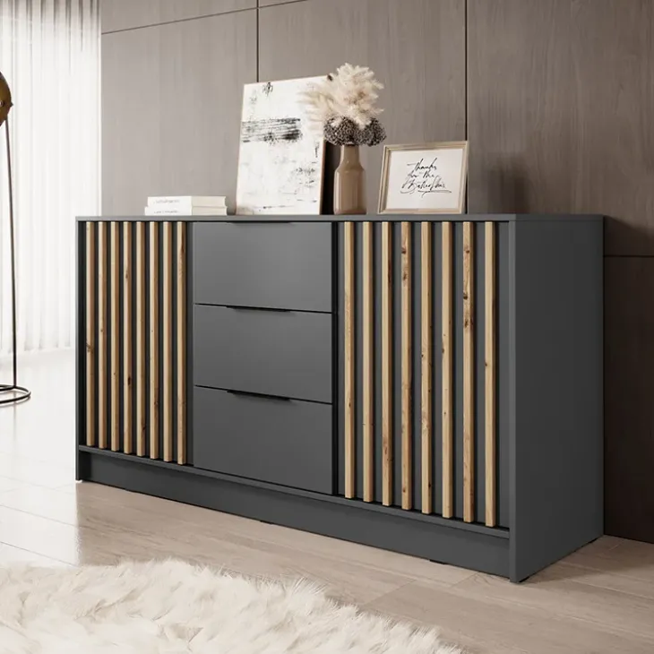 Credenza 155x86h cm 2 ante 3 cassetti soggiorno antracite quercia Miller