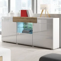 Credenza 159x83h cm 3 ante 1 cassetto bianco lucido rovere Tahiti