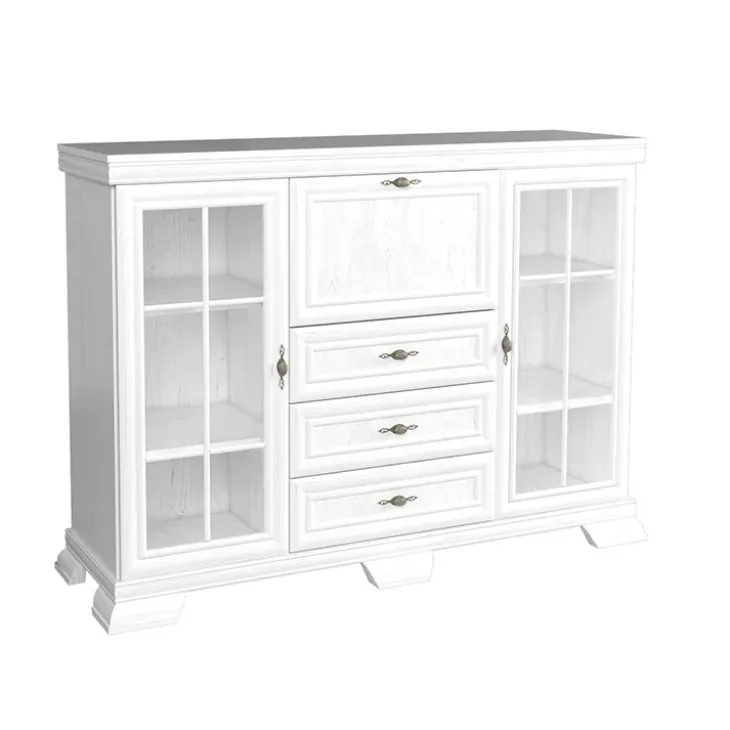 Credenza 158x117h cm 2 ante con vetrina 3 cassetti shabby bianco frassinato Kelly
