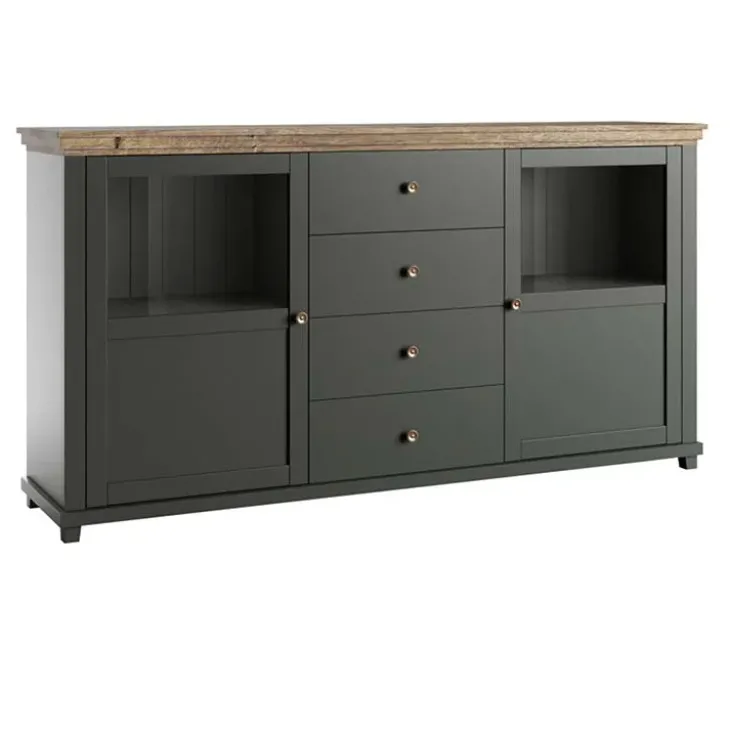 Credenza 181x93h cm 2 ante con vetrinetta 4 cassetti verde quercia Texel