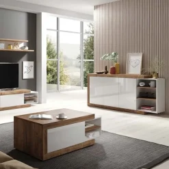 Credenza 220x86h cm 3 ante moderna bianco lucido rovereAria