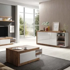 Credenza 180x86h cm 3 ante moderna bianco lucido rovere Aria