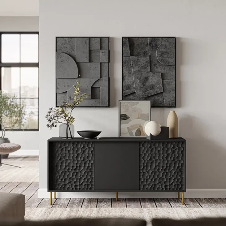 Credenza 155x73h cm 3 ante moderna soggiorno nero oro Osaka