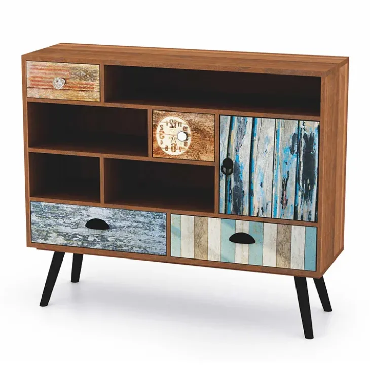 Credenza 93x80h cm con cassetti vintage industrial legno acciaio con stampe nero Kabul