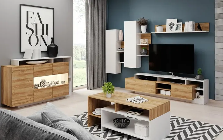 Credenza 155x94h cm con vetro moderna rovere bianco Blob