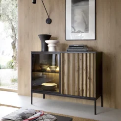 Credenza 104x83h cm moderna soggiorno nero rovere antico cannettato Bali