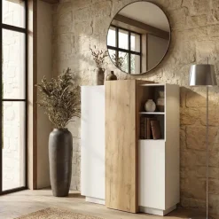 Credenza 110x134h cm soggiorno 3 ante bianco opaco quercia James
